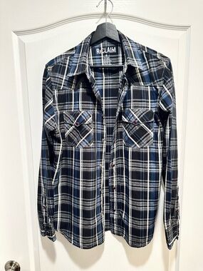 Reclaim Men's Navy & Black Plaid Snap Buttoned Long Sleeve Shirt, Size Small